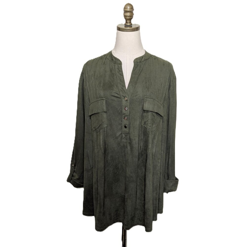 Cocomo Faux Suede Tunic Top Plus Size 3X Green Pintuck Pleated 1/4 Button
